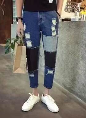 牛仔裤男破洞夏季薄款青少年贴布春秋裤子潮流弹力修身牛仔九分裤
