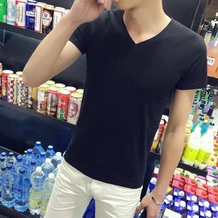 纯白t恤男士白色打底衫T血男短袖体恤纯色纯棉汗衫V/圆领t桖内衣