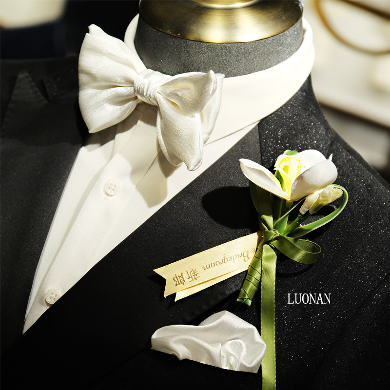 一株白玉兰~珍珠光泽领结/胸花/方巾套盒户外婚礼纯色新郎领结