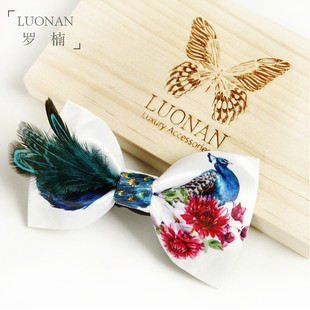 原创定制男士领结蓝绿色孔雀羽毛领结伴郎结婚婚礼立体蝴蝶结木盒