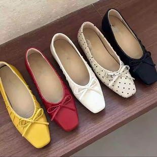 内增高褶皱法式复古风蝴蝶结方头浅口软底百搭单鞋女春季浅口单鞋