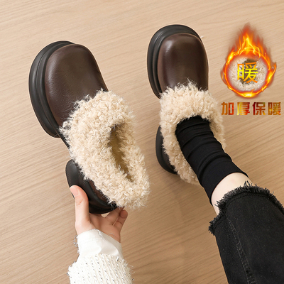 棉鞋~软底保暖毛毛玛丽珍小皮鞋女2025冬季新款加绒一脚蹬高跟鞋