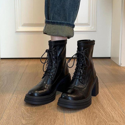 羊皮版~真皮系带高跟短靴女秋冬2024新款英伦风粗跟瘦瘦靴马丁靴