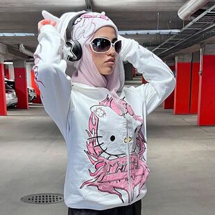 美式 卫衣hoodie 女上衣外套嘻哈y2k运动衫 猫喵字母印花拉链连帽衫