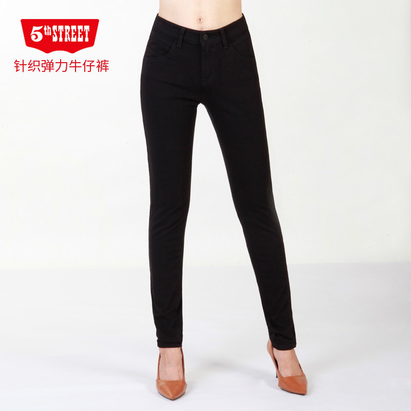 第五街女新款中腰弹力修身显瘦小脚裤黑色针织牛仔裤011586-191M0