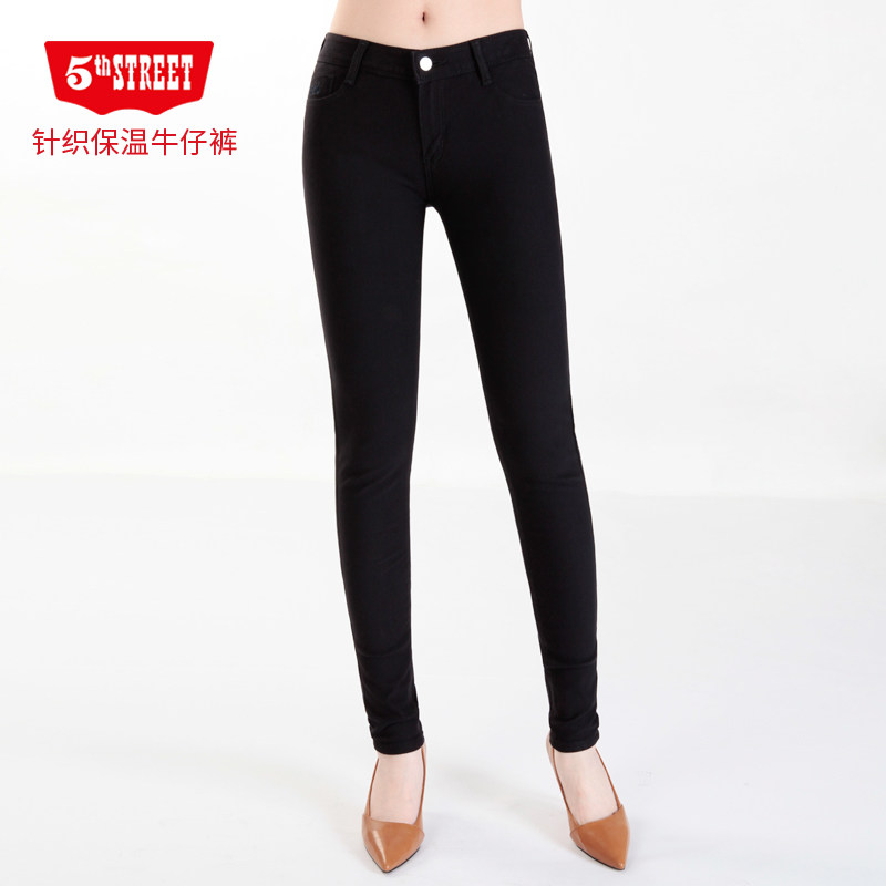 第五街女弹力修身加绒黑色针织牛仔裤中腰显瘦小脚裤114866-174