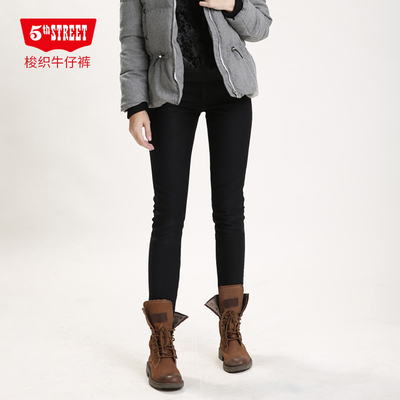 第五街防风保温牛仔裤女装加绒加厚保暖中腰铅笔裤614986-174