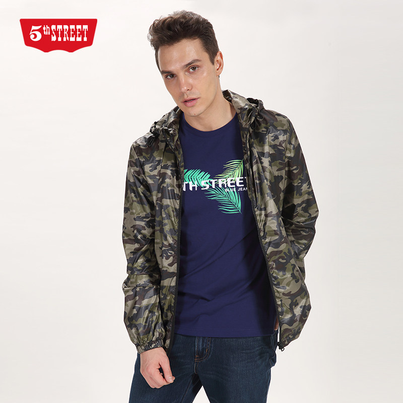 第五街春秋季男装迷彩连帽薄款风衣运动休闲薄外套650101-181