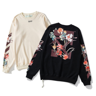 春秋男女同款 OFF花卉系列印花WHITE卫衣OW斑马线箭头休闲圆领长袖