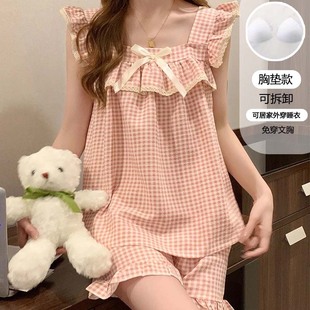 甜美可外穿格子家居服套装 背心睡衣女夏季 星 4058 带胸垫小飞袖
