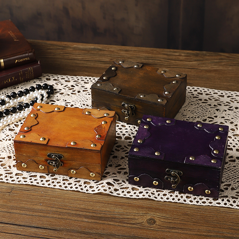 复古祥云小木盒带锁储物收纳盒