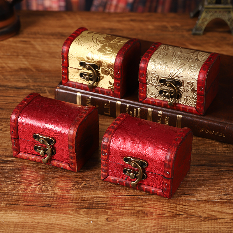 迷你复古红金色小木盒精致首饰盒