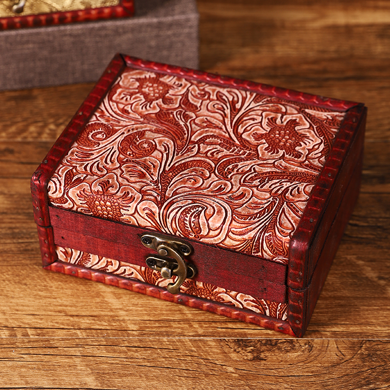 古典做旧木质收纳盒复古花纹首饰盒工艺品古玩装饰摆件拍摄道具箱