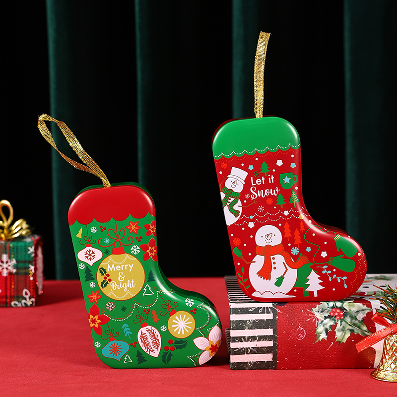 新款圣诞袜儿童礼物盒糖果零食饼干收纳盒包装盒创意马口铁罐空盒