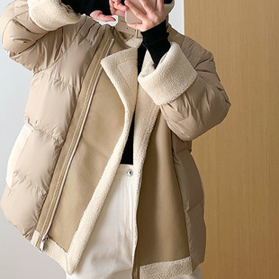 羊羔毛皮羽绒服女款高端女装真皮外套冬季平湖短款大毛领拼接冬装