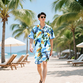 海岛服软料夏季 肥胖印花蓝沙滩休闲人棉宽松大码 衬衫 黄色度假短袖