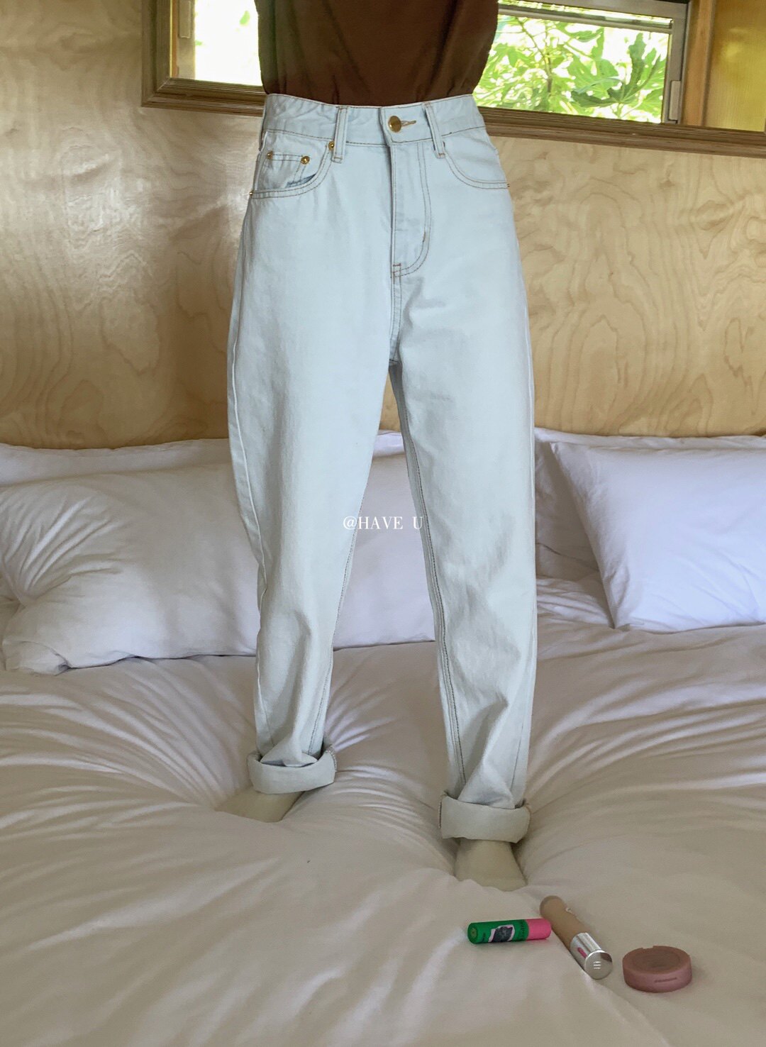 现货Have u海盐浅蓝色牛仔裤 很特别的蓝 显瘦直筒牛仔裤