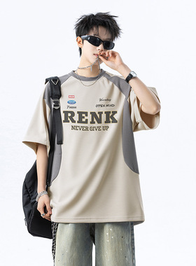 男士潮流印花T恤上衣夏季宽松拼接重磅短袖体恤A456-T898-P45杏色