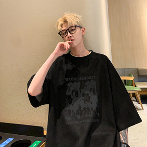 现货JPT82特P25控39烧花插肩袖夏季美式复古短袖T恤黑图片