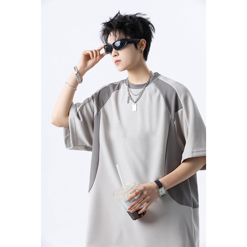 男士潮流印花T恤上衣夏季新款宽松拼接重磅短袖体恤A456-T892-P40