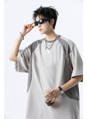 男士潮流印花T恤上衣夏季新款宽松拼接重磅短袖体恤A456-T892-P40