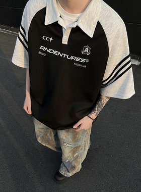 现货 美式复古黑白拼接polo衫短袖男插肩袖t恤A456-T890-P40