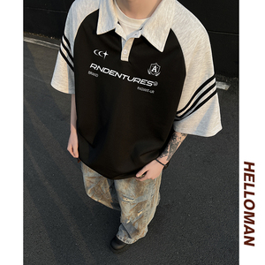 现货 美式复古黑白拼接polo衫短袖男插肩袖t恤A456-T890-P40白图片