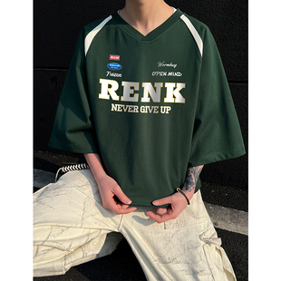 宽松版 新款 300克潮牌复古夏季 小细格t恤男拼色短袖 P40绿色 T903