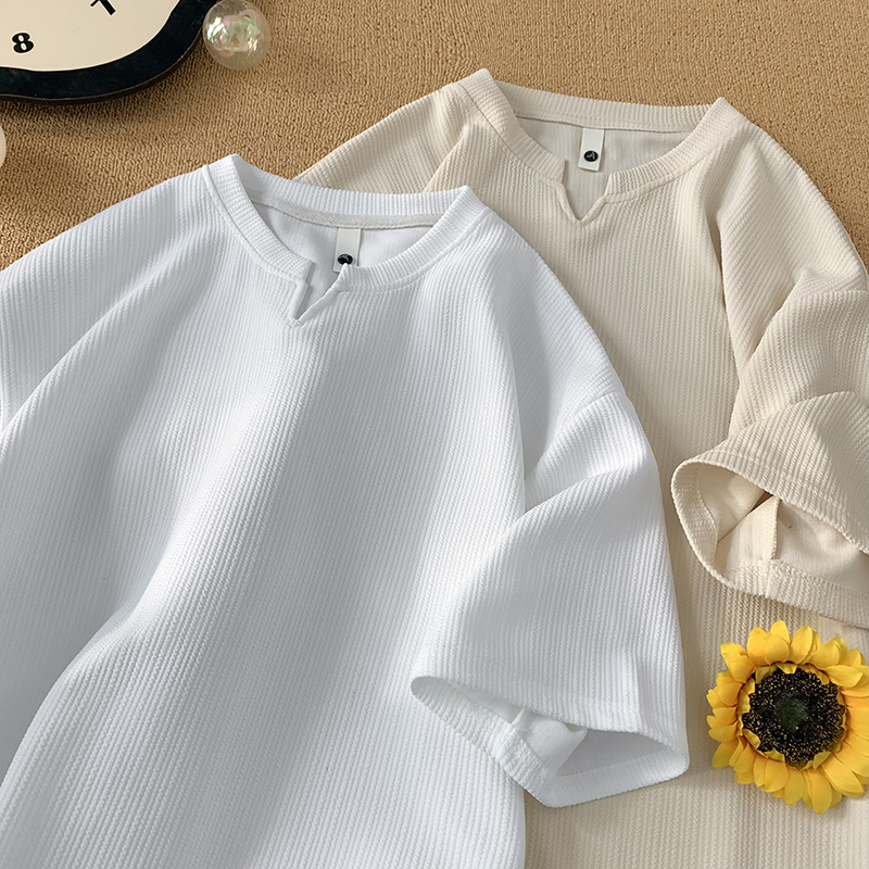 现货得物亨利领坑条肌理感V领夏季T恤男宽松A456-T66-P18特主推，男装T恤，电商A456（原C415）