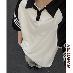 现货 美式复古黑白拼接polo衫短袖男插肩袖t恤A456-T881-P35白图片