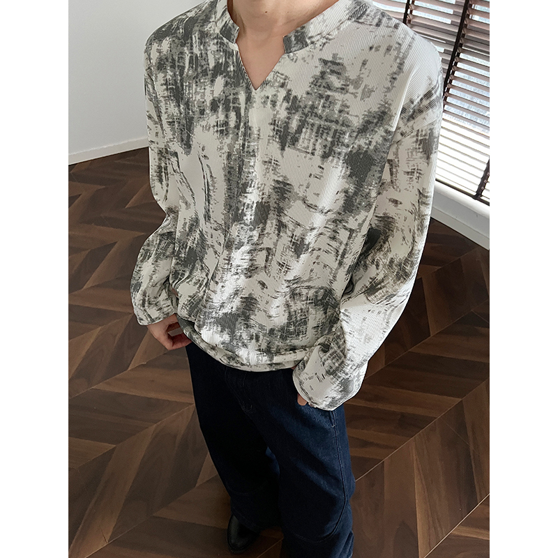 现货CT03-P22扎染V领灯芯绒秋季长袖T恤男宽松韩版上衣280克重a，男装T恤，电商A456（原C415）
