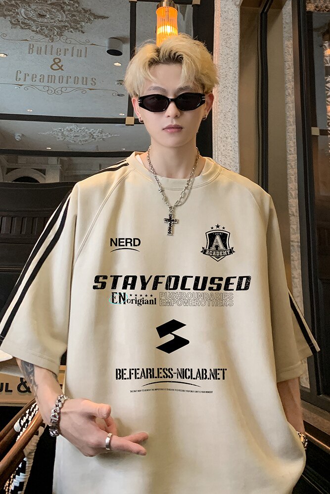 现货JPT23-P28特美式插肩袖短袖男T恤夏季麂皮绒宽松三条杠杏,男装T恤,电商A456（原C415）