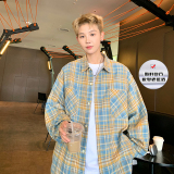 加厚复合版格子衬衫男大码宽松潮牌双口袋工装衬衣CY01特P40黄，男装衬衫，电商A456（原C415）