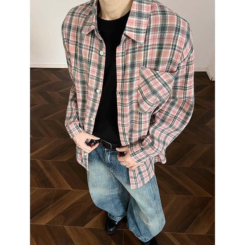 现货主推CY15-P33长袖格子衬衫男潮牌潮流宽松韩版中性衬衣,男装衬衫,电商A456（原C415）