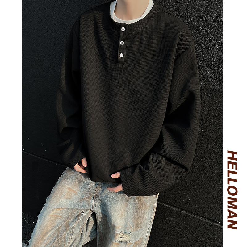 现货亨利美式复古假2件宽松大码春夏休闲长袖t恤A456-WY01-P30黑，男装T恤，电商A456（原C415）