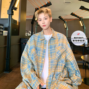 加厚复合版 格子衬衫男大码宽松潮牌双口袋工装衬衣CY01特P40黄图片