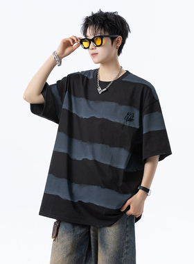 现货280克重 夏季T恤男宽松潮流条纹扎染短袖上衣A456-T885-P32蓝