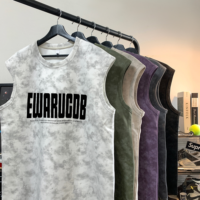 ZRB122-P22控38潮牌扎染无袖背心男夏季宽松运动坎肩美式t恤，男装背心/马甲，电商A456（原C415）