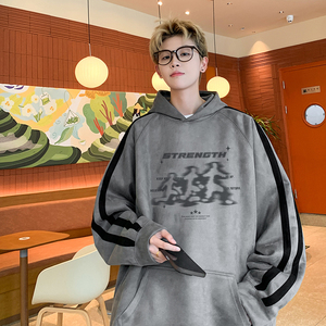 现货420高克重磅秋冬麂皮绒连帽情侣卫衣男外套JP78-P55杏色图片