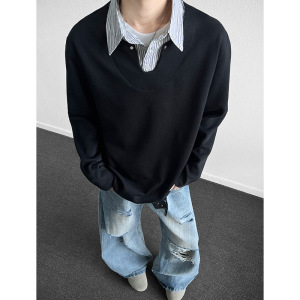 主推现货WY618-P45 重磅衬衫领假2件撞色套头卫衣男百搭上衣外套b图片