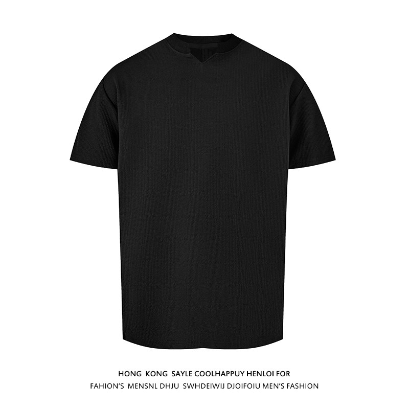 现货亨利领坑条肌理感夏季T恤男宽松潮流V领上衣A456-T66-P20特黑，男装T恤，电商A456（原C415）