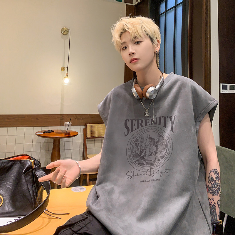 B08特P20潮牌烧花无袖背心男夏季宽松运动坎肩美式t恤图片