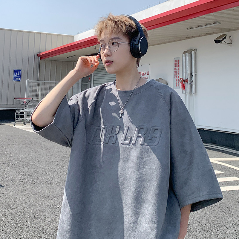 JPT02-P28控49美式字母钢印重磅短袖t恤男夏季潮牌麂皮绒米白,男装T恤,电商A456（原C415）