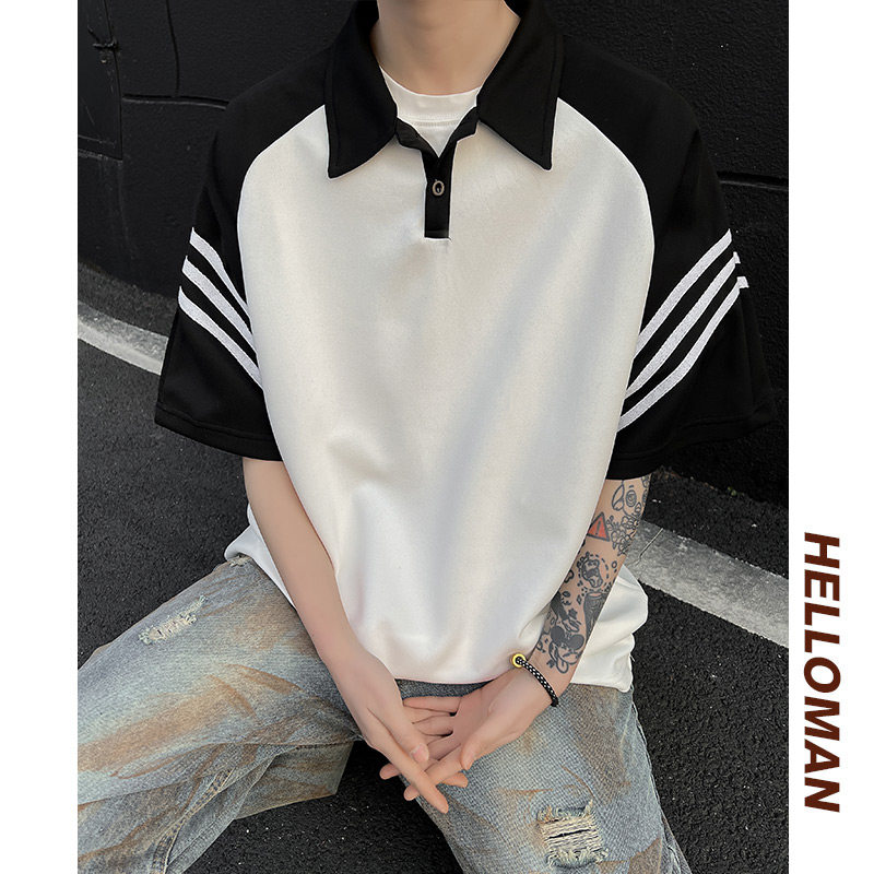 现货美式复古黑白拼接polo衫短袖男插肩袖t恤A456-T881-P35白,男装T恤,电商A456（原C415）