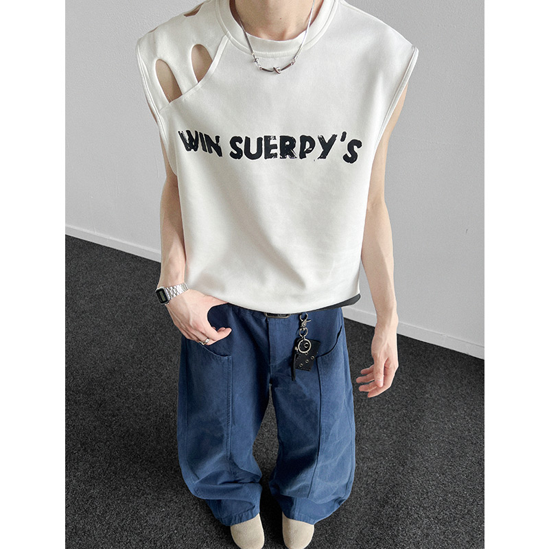 现货B38特P25控48破洞美式无袖背心男夏季宽松运动坎肩美式t恤，男装背心/马甲，电商A456（原C415）