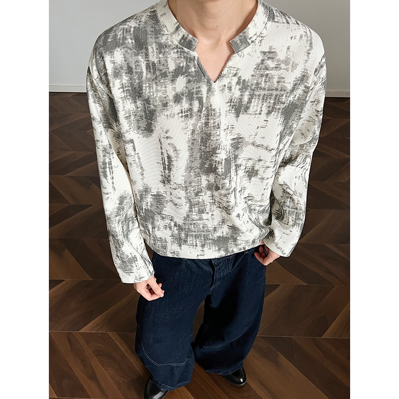 现货CT03-P22扎染V领灯芯绒秋季长袖T恤男宽松韩版上衣280克重a，男装T恤，电商A456（原C415）