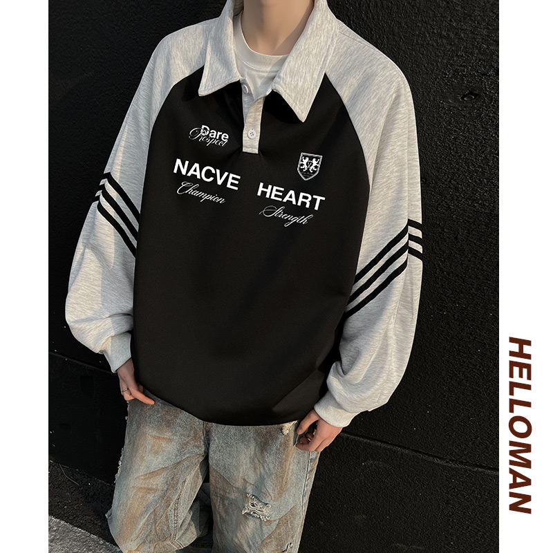 现货华棉美式潮牌拼接插肩袖圆领宽松大码卫衣A456-WY07-P48黑色，男装卫衣，电商A456（原C415）