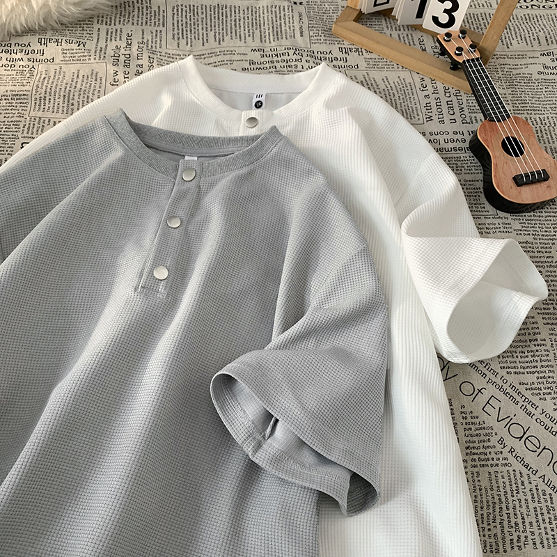 现货280克重夏季T恤男宽松潮流华夫格扣子短袖A456-T893-P28特