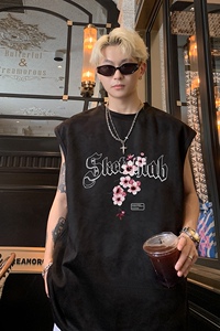 B22特P20控38梅花潮牌网印男夏季宽松运动坎肩美式无袖大码背心黑图片