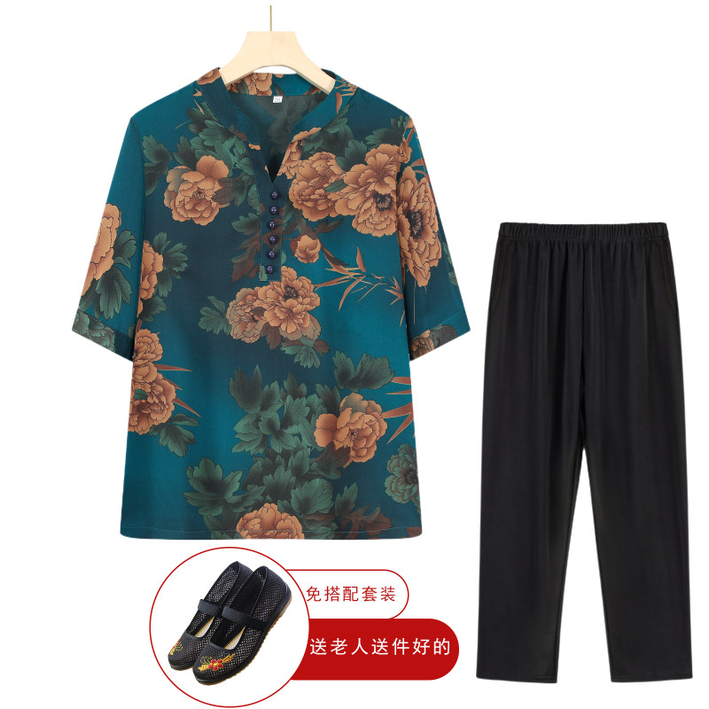 妈妈装春夏装中袖衬衫50-60-70岁上衣奶奶装短袖套装中老年人衣服